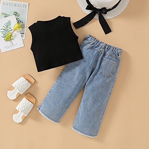 Toddler Baby Girl Denim Outfit Sleeveless Solid Ribbed Crop Tank Top Ripped Jeans 2 Piece Girl's Fashion Clohtes3