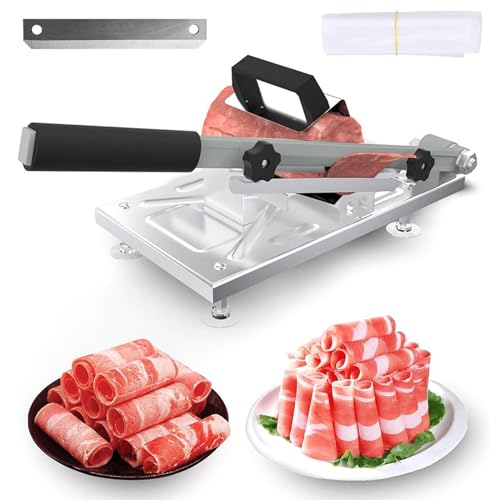 Cortador manual de carne, cortador de alimentos de acero inoxidable con grosor ajustable (0,8-10 mm), hoja de repuesto, incluye 10 bolsas de congelador de carne para rollos de cordero y cerdo