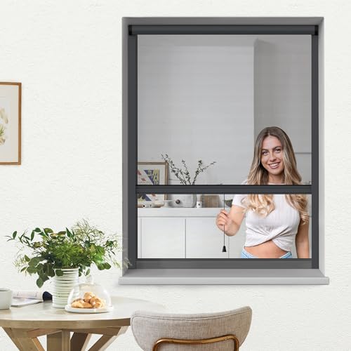 jarolift 4 en 1 Zanzara Moustiquaire Enroulable Pour fenêtres, Cadre En Aluminium, Toile En Fibre De Verre Robuste, 70 x 130 cm (larg x H), Anthracite