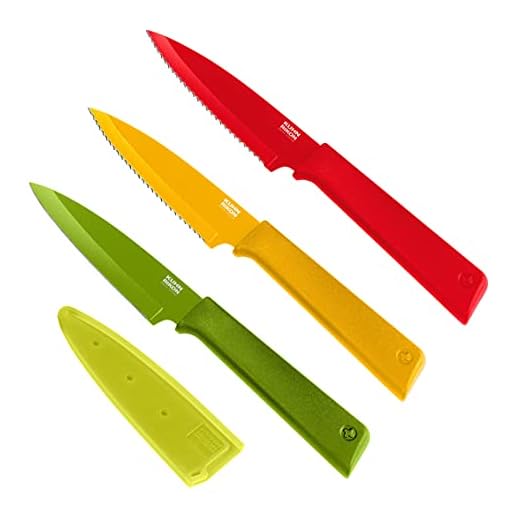 KUHN RIKON COLORI+ Non-Stick Straight and Serrated Paring Knives with Safety Sheaths, Set of 3, Red, Yellow and Green