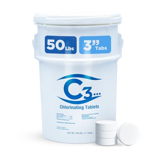 Image of C3 50 lbs. 3 inch Stabilized Chlorine Tabs for Swimming Pools | Easy to Use for Above Ground or Inground Pool | Slow Dissolving Individual Chlorinating Tablets | 50 Pound Bucket