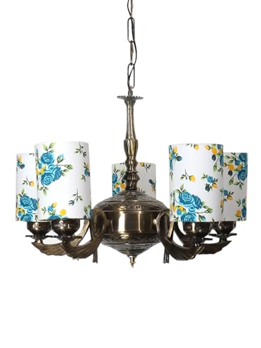 Image of Devansh 05-Light Round Printed Multicolor Cotton Shade Chandelier - Antique Golden Finish | Adjustable Cord | Warm Glow Lamp - Ceiling Light for Living Room, Dining Area, BedroomDecor - D17