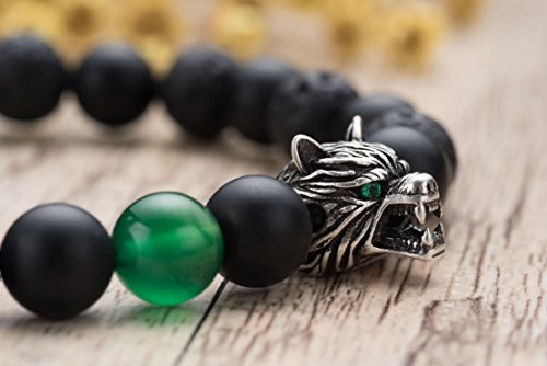 Karseer Antique Silver Viking Wolf Healing Crystal Stress Relief Anti Anxiety Onyx And Lava Energy Stone Bracelet Personalized Single Green Agate Bead Ornament Reiki Animal Friendship Jewelry Gift #TOP2
