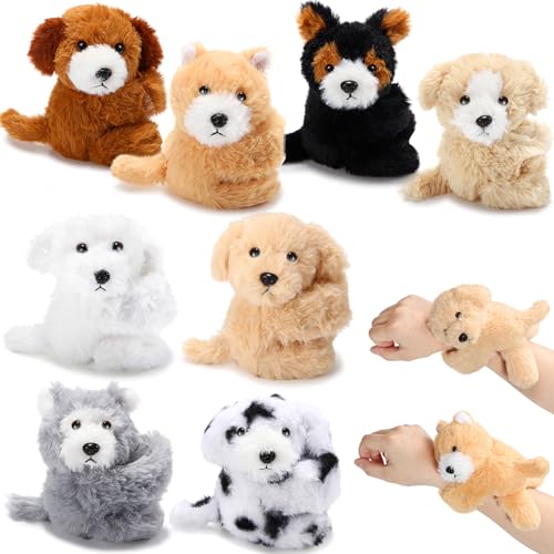 Jerify 8 Pcs Puppy Stuffed Animal Slap Bracelets for Kids, Cute Plush Dog Wrist Snap Bracelets Bulk Birthday Gifts for Boys & Girls Party Favors