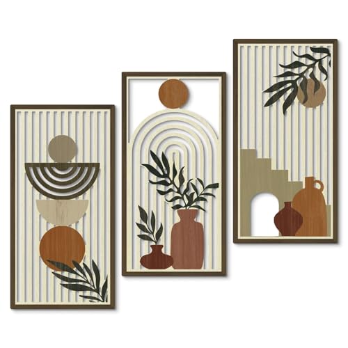 Putuo Decor Boho Wall Art Set of 3, Abstract Geometric Wooden Wall Decor, Mid-Century Modern Aesthetic Artwork with Arch, Vase & Botanical Design for Living Room, Bedroom, Office, 16.5 x 8.6 Inch