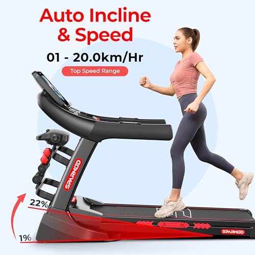Image of Sparnod Fitness STH-5730 High-Performance Treadmill, 7HP Peak DC Motor, Auto Incline 15.6 inch Touch Screen, Bluetooth Speaker, Hydraulic Foldable Running Machine for Gym, 150Kg Capacity, Shock Absorption