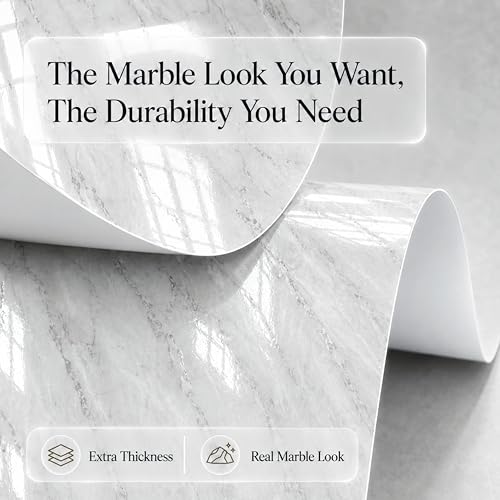 Image of Very Berry Sticker Marble Contact Paper (White, 24 inch x 118 inch, 2 Pack) | Authentic marble pattern, Thick, Waterproof, Laminate vinyl, Self adhesive, Peel and stick wrap, For countertop and wall