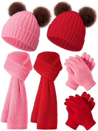 Image of JaGely 2 Sets Kids Winter Hat Gloves Scarf Set Girls and Boys Knit Hat with Pom Warm Scarf Snow Gloves for 3-10 Years Toddler