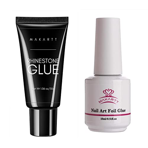 Makartt Nail Foil Glue Gel for Nail with Nail Rhinestone Glue Gel Bundle, Foil Gel Transfer for Nails Art Stickers, Super Strong Gem Glue Gel 1.06oz Nail Lamp Needed for Nail Glitter Jewels Crystals