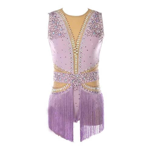 Zagitova Rhythmic Gymnastics Competition Leotard for Girls, Breathable Women Sports Dance Outfits with Rhinestone Tassel(Purple,XX-Large)