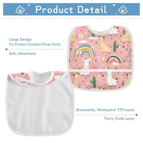 MCHIVER Pink Alpaca Rainbow Baby Bibs for tag1 Waterproof Feeding Bib Apron with Food Cather Adjustable Cotton Food Eating Bib 2 Pack3