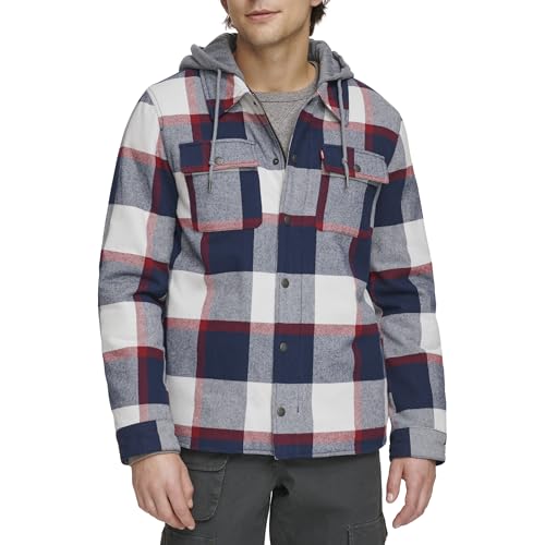 Image of Levi's mens Plaid Sherpa Lined Hooded Shirt Jacket (Regular & Big & Tall Sizes)