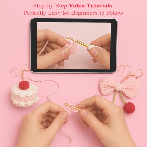 Image of HOUSE CREATIVITY Crochet Keychain Kit for Beginners - Make 2 Cute Cake & Bow Charms, Amigurumi Crochet Starter Kit with Video Tutorial, Yarn & Keyring, DIY Bag Charm Gift