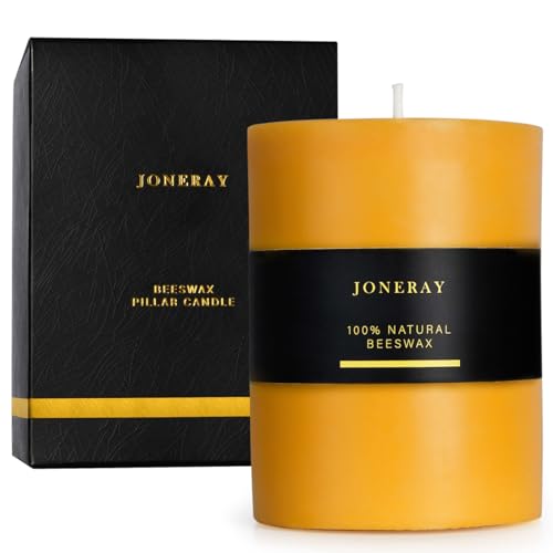 JONERAY Beeswax Pillar Candles 3x4Inch, Pure Natural Beeswax Candles - Unscented, Long Lasting Burn Time, Smokeless and Dripless