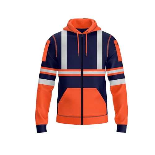 NOROZE Herren Kapuzenpullover mit Reißverschluss vorne reflektierend hohe Sichtbarkeit Sicherheitsmantel Taschen Sweatshirt Jacke (L, Stil 2: Neonorange/Marine)