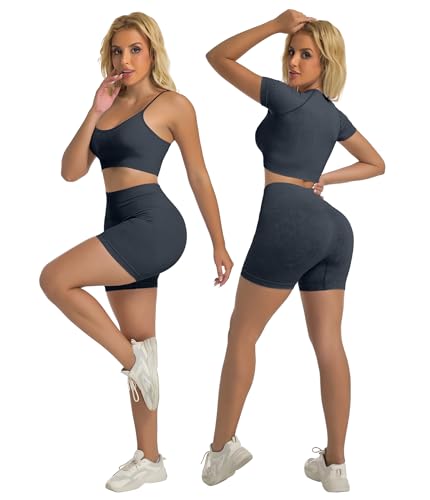 YOAKUKA Women's 4 Piece Workout Sets Seamless Acid Wash Tops Sports Bra High Waist Shorts Leggings Active Set2