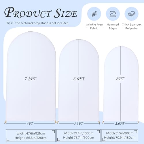 Image of White Arch Backdrop Cover Set of 3 (7.2ft, 6.6ft, 6ft), Double-Sided Spandex Chiara Arch Frame Covers, Wrinkle-Free Low-Transparency Fabric for Wedding Birthday Party Decor (No Stand)