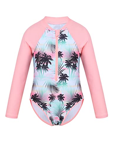 Kids Girls Rashguard Swimsuit UPF 50+ Long Sleeve Zip Front Bathing Suit Summer Swimwear with Palm Print