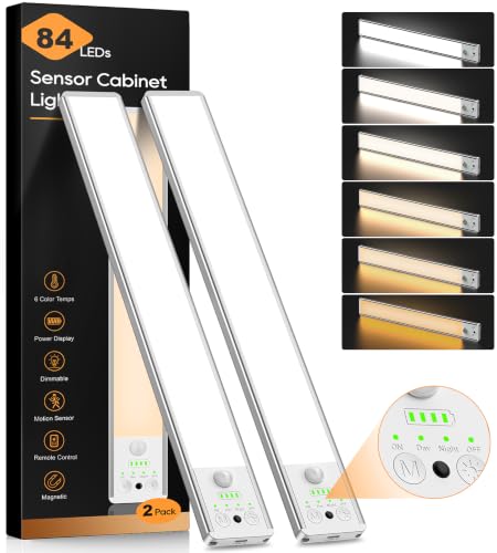 Image of 10.5 Inch Under Cabinet Lighting, 6 Color Temps Motion Sensor Light Indoor, LED Power Display Rechargeable Battery Operated Closet Light, Magnetic Dimmable Under Counter Lights for Kitchen-2 Pack