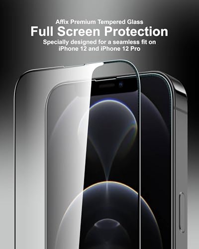 Image of Affix 2 Pack for iPhone 12 and iPhone 12 Pro Full Coverage Tempered Glass, Screen Protector Guard with Easy Fix Installation Tool, 9H Hardness Shatterproof, HD Clear Scratch Resistant
