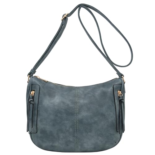 Image of Faux Leather Two Front Zipper Pocket Crossbody Saddle Bag (BlueGrey)