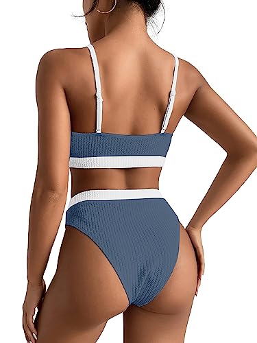 Image of Lilosy High Waisted Tummy Control Ribbed Bikini Crop Top Brazilian Swimsuit Set 2 Piece