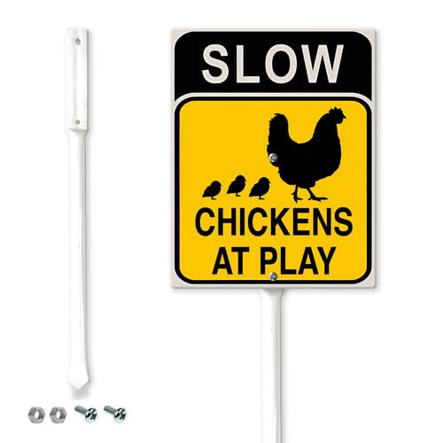 Horienteeon Slow Sign Chickens at Play Chicken Crossing Yard Sign with Stakes 20x30cm Weatherproof Heavy Duty Aluminum Yard Signs Rust Free Garden Decoration for Outdoor Lawn, Easy to Mount