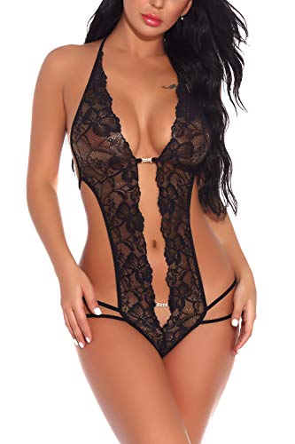 Lziizl Women Crotchless Lingerie Bodysuit Lace Babydoll Teddy Honeymoon Lingerie Black XL - Image 3