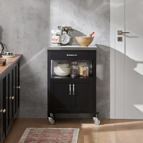 Foto von SoBuy Küchenwagen mit Arbeitsplatte Servierwagen mit Rollen Beistelltisch Holz Rollwagen Küchenregal stehend Vielseitiger Küchenschrank für Küche, Outdoor & Schlafzimmer Schwarz 60x92x45cm FKW22-SCH