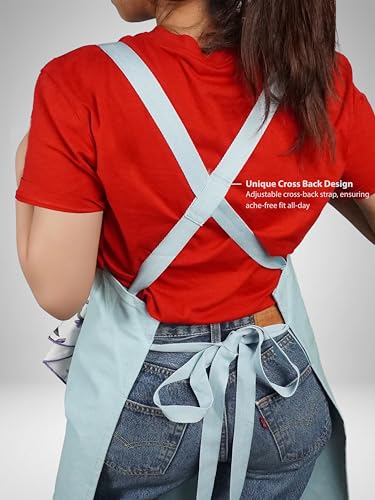 Image of Kitchen Apron - 100% Cotton, Adjustable Neck strap, Large Pocket - Unisex Apron for Men & Women - Cooking, Baking, BBQ, Gardening - Solid Colours, Striped and Checkered Patterns