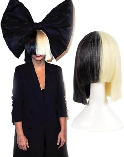 Photo de Queentas Demi Blonde Noir 2 Tone couleur Court Droite Bob Perruque Synthétique Complet Perruques Cosplay Perruques pour Femmes Filles…