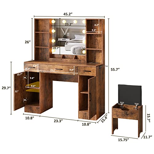 Makeup Vanity Table With Lighted Mirror & Power Strip, Large Vanity Set Vanity Desk With Lots Storage, 3 Lighting Modes, Brightness Adjustable, 45.2In(L) #TOP6