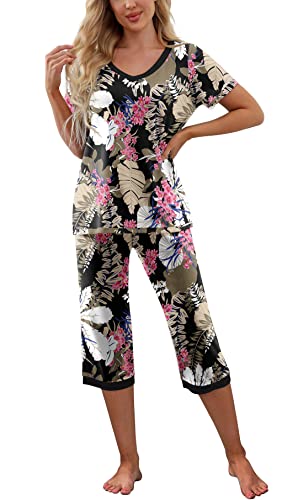Prinstory Women's Pajama Set Short Sleeve Shirt And Capri Pants Sleepwear Pjs Sets With Pockets Fp-Big Leaf Pink-Large #TOP1