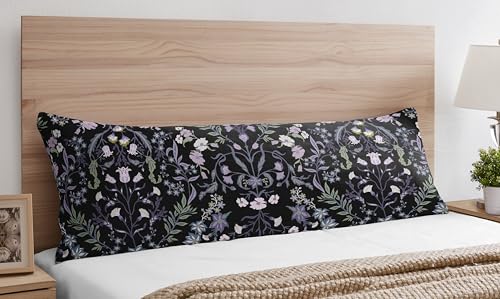 Image of Sweet Jojo Designs Black Purple Boho Wildflower Vintage Floral Girl Body Pillow Cover Case Decorative Accent Long Couch Bed Pregnancy Pillowcase 54x20 Lavender Bohemian Farmhouse Botanical Cottagecore