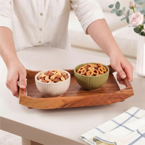 Image of Nestasia Wooden Serving Tray with Handles (30x20cm) - Acacia Wood Rectangular Brown Tray for Dining & Coffee Table | Platter for Serving Tea, Cakes, Snacks, Breakfast & Home Decor (Caramel Brown)