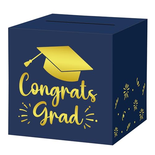 Image of Hooqict Graduation Card Box with Slot 9.1 inch Congrats Grad Blue Gold Money Card Box for Class of 2026 Graduation Decorations Money Envelope Gifts Cards Holder Grad Party Supplies
