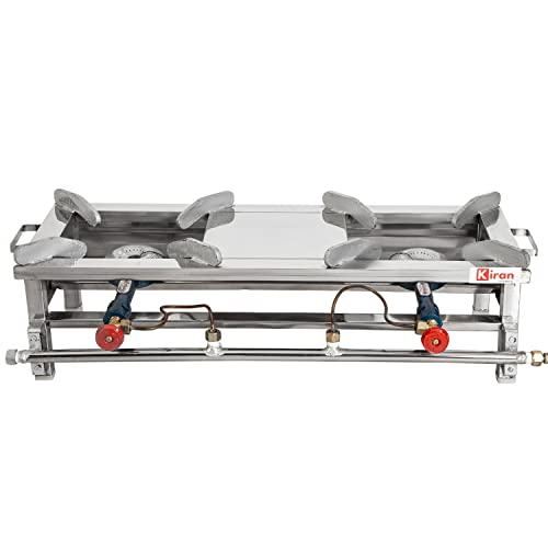 Kiran Enterprise 2 Burner Commercial Gas Stove/Bhatti with Fitted Brass Nut Hose Pipe, High Pressure Regulator, Valve, Stainless Steel Manual Gas Stove (2 Burner)