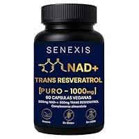 Nad Resveratrol Puro 1000mg, 60 Cápsulas veganas, 500mg NAD + 500mg Trans-Resveratrol, Energía Celular, Antioxidante, Sin Gluten, Sin OGM, sin GMO – Apoyo Mitocondrial, Cognición, Antiedad