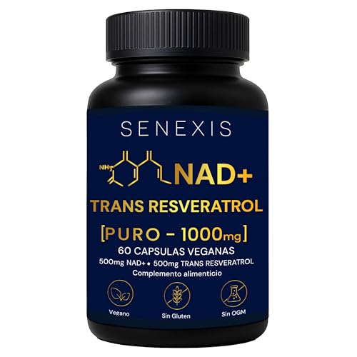 Nad Resveratrol Puro 1000mg, 60 Cápsulas veganas, 500mg NAD + 500mg Trans-Resveratrol, Energía Celular, Antioxidante, Sin Gluten, Sin OGM, sin GMO – Apoyo Mitocondrial, Cognición, Antiedad