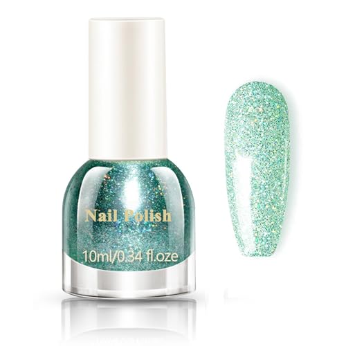 Grün Nagellack Schnelltrocknend mit Sparkle Holographische Glitter, Glitzernagellack ohne UV-Lampe, Glitzernder Green Nail Polish Nail Art für DIY Home(Grün, 10ML)