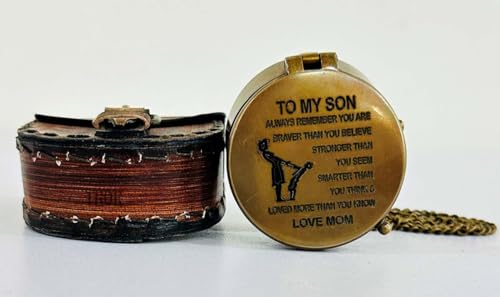 Brújula de bolsillo de latón vintage con estuche de cuero miniatura 1
