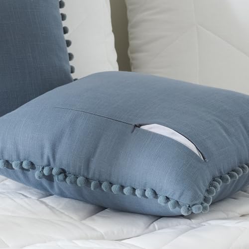 Image of 100% Cotton Pom Pom Cushion with Filler, Elegant & Modern Cushion Cover for Living Room, Square Shape, 16 inchx16 inch, uni slub, Set of 3 - Denim Grey