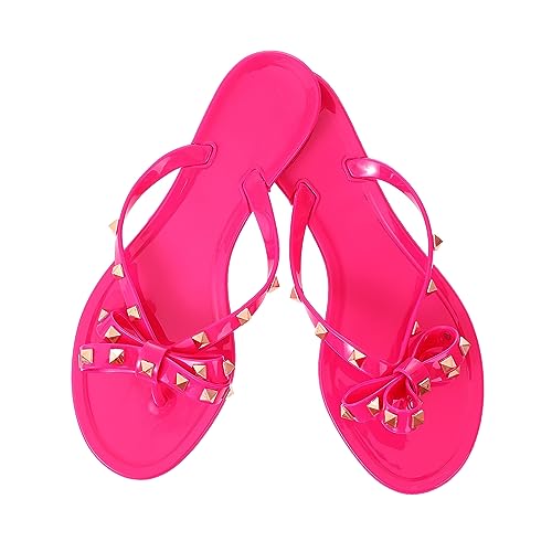 Image of TYFLOVE Women Rivet Flip Flops Studded Jelly Thong Sandals with Bow Summer Bowtie Flat Beach Rain Shoes