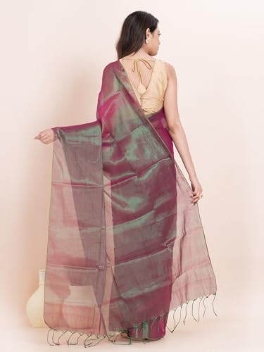 Image of Women's Tissue Cotton Saree | Plain Lightweight Tassel Pallu Saree with Blouse