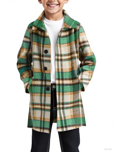 Image of Haloumoning Boys Plaid Dress Coat Kids Fall Button Down Wool Blend Pea Coats Jackets with Pockets 5-14 Years