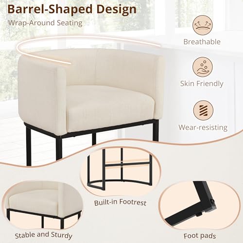 Image of LUE BONA Counter Height Bar Stools Set of 6, Modern Barrel Counter Stools with Backrest and Arms, Black Metal Frames, Linen Fabric Upholstered Barstools for Kitchen, Light Linen Color