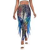 マーメイドレギンス 女性用 フィッシュスケール レギンス ハイウエスト フルレングス パンツ ハロウィンダンスパーティー用, シルバー, Large