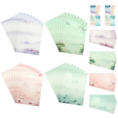 Lot de 32 feuilles de papier à lettre de style chinois avec enveloppes, papier à lettre A4 et 16 enveloppes autocollantes pour enfants, étudiants, école,...