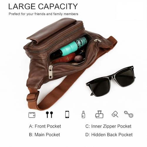 Image of Premium Brown Leather Waist Bag for Men | Stylish Belt Bag with Multiple Pockets | Travel, Running, Daily Use Crossbody Fanny Pack