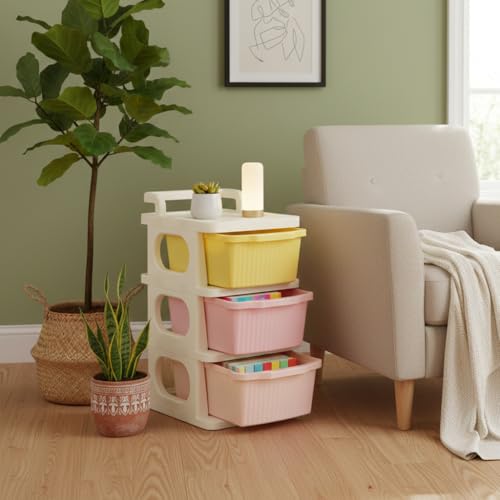 Image of KITCHIVO Heavy Duty Plastic Storage Drawer with Wheels | Modular Cabinet for Bedroom, Office, Home or Classroom| Chest of Drawers Organiser for Cosmetics, Kitchen items, Toys (Multi, 3)